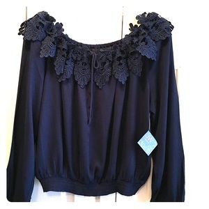 Ladies Navy Blue peasant top with lace